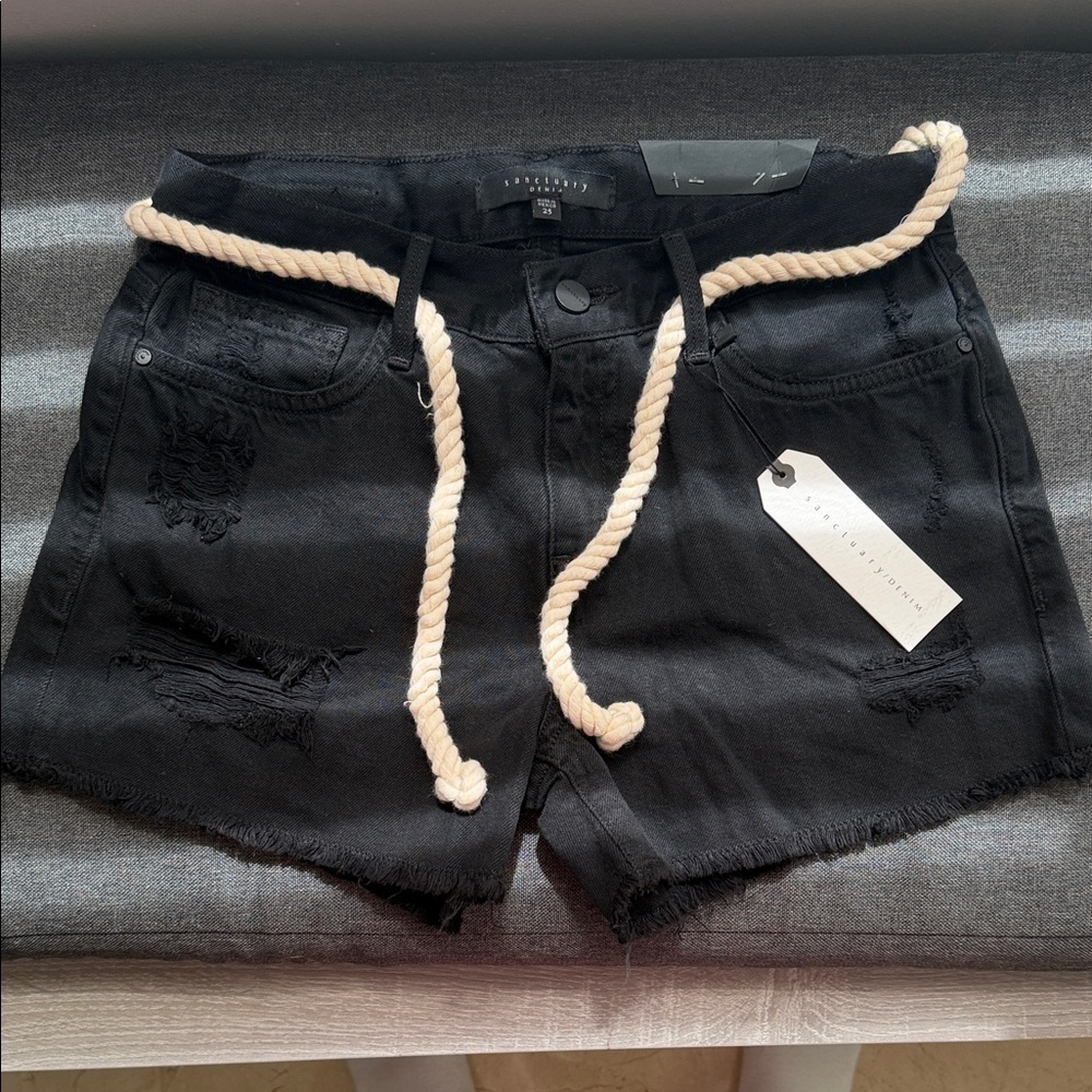 Sanctuary Black Distressed Denim Shorts with Rope Belt
